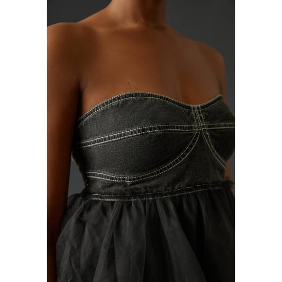 NWT Anthropologie Pilcro Sheer Tulle Babydoll Blouse Top Black Denim Corset XS - Picture 6 of 16